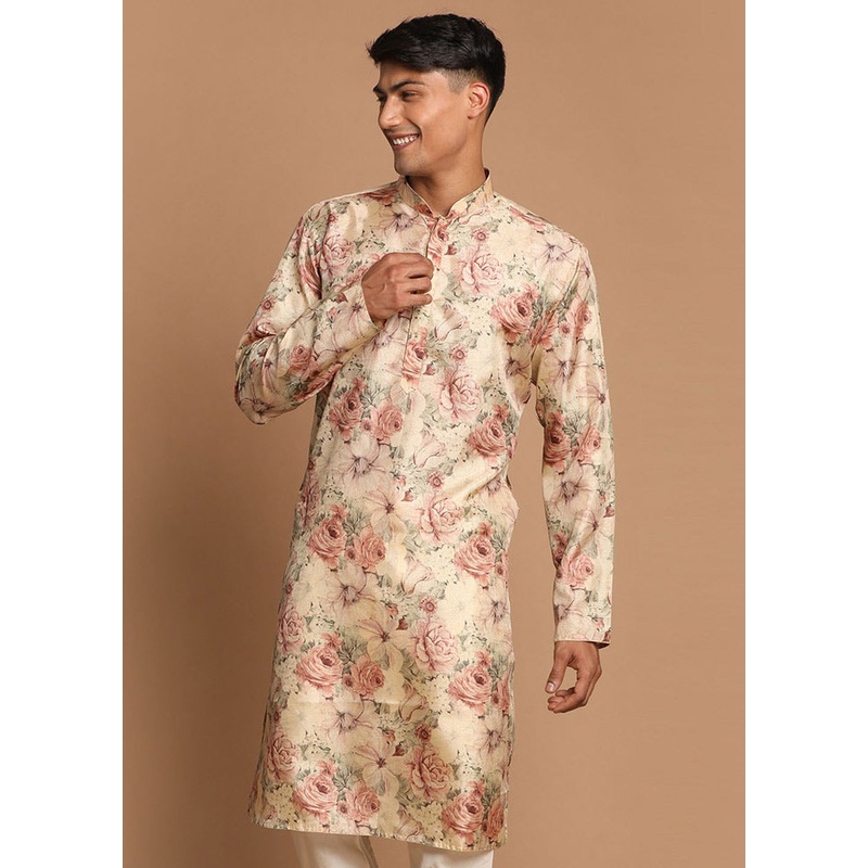 Cream Dupion Silk Printed Kurta - JD986590008
