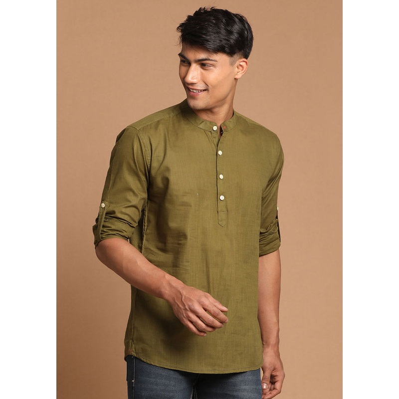 Dark Green Cotton Solid Short Kurta - JD986590057