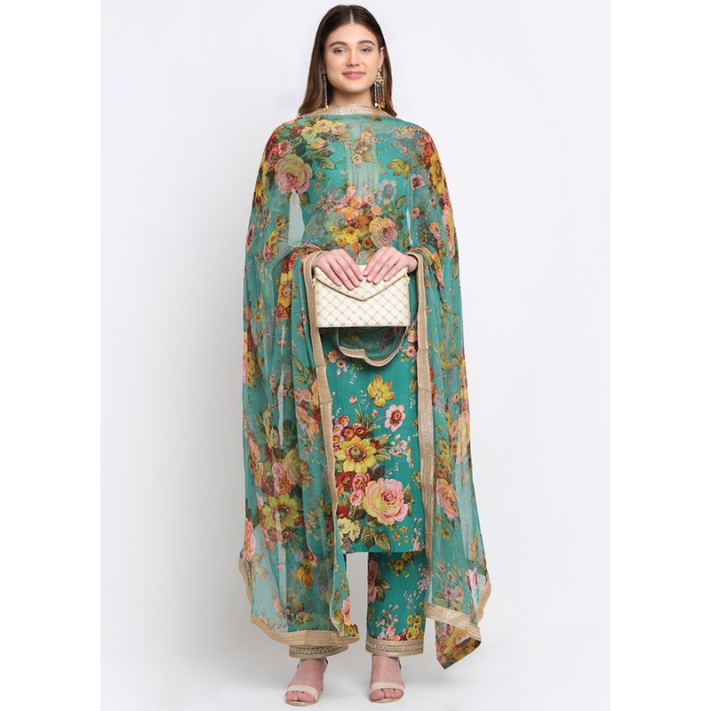 Green 3 Pc Readymade Cotton Suit Set With Dupatta - JD986589933