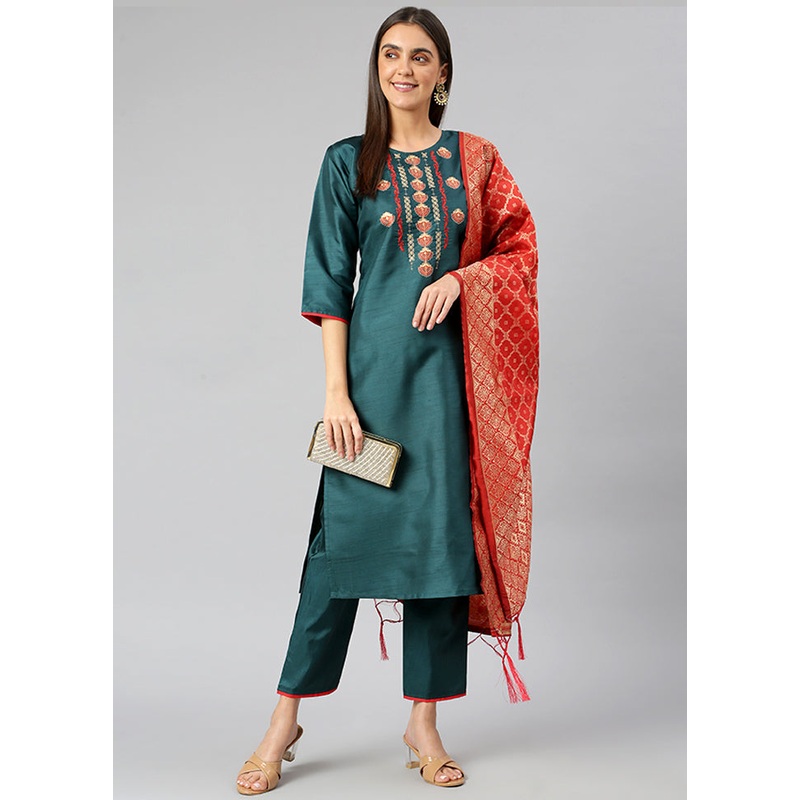 Green 3 Pc Silk Suit Set With Dupatta - JD986589931