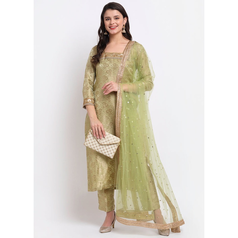 Green 3 Pc Silk Suit Set With Dupatta - JD986589941