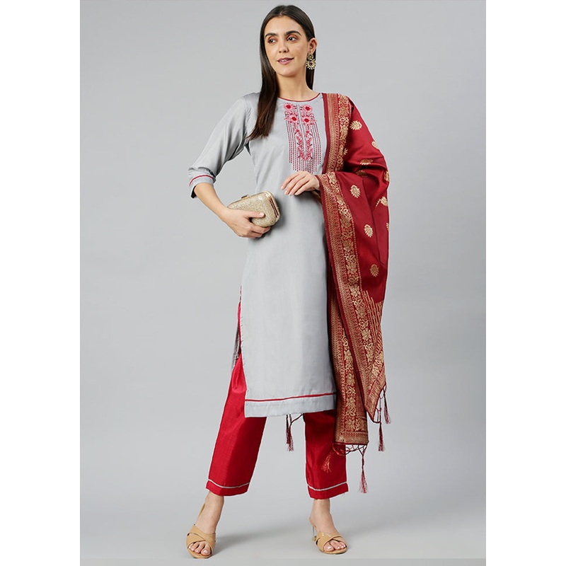 Grey 3 Pc Silk Suit Set With Dupatta - JD986589927