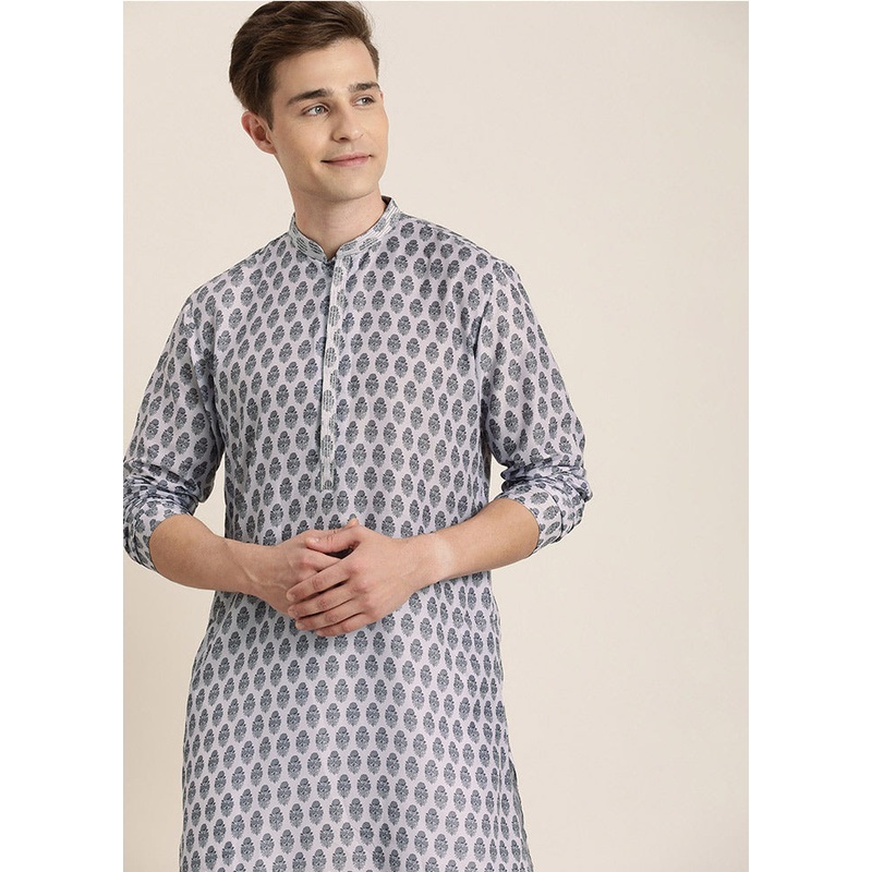 Grey Cotton Printed Kurta - JD986590018
