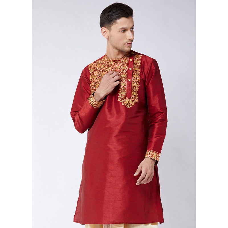 Maroon Dupion Silk Printed Kurta - JD986590015