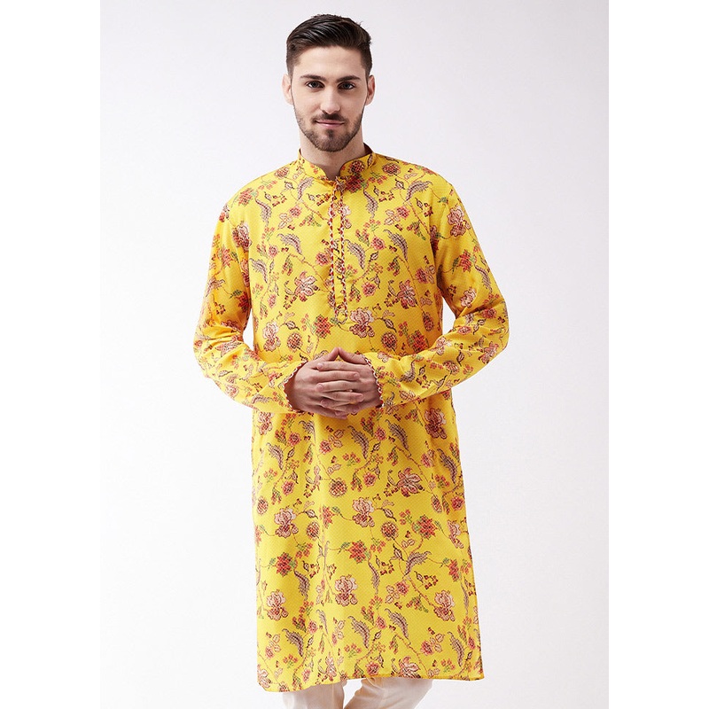 Mustard Dupion Silk Printed Kurta - JD986590011