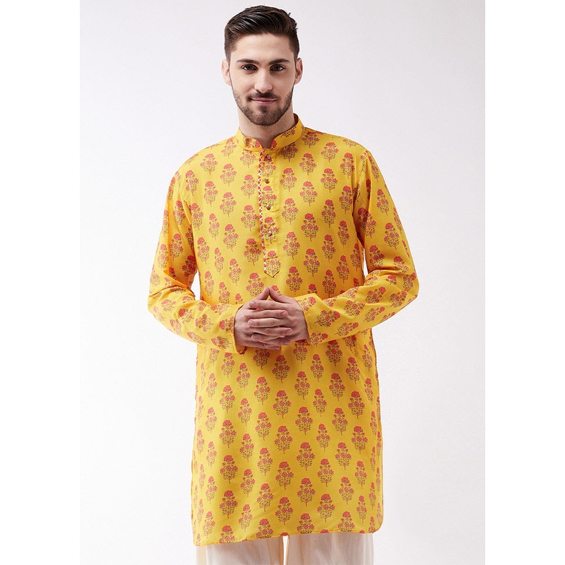 Mustard Dupion Silk Printed Kurta - JD986590031