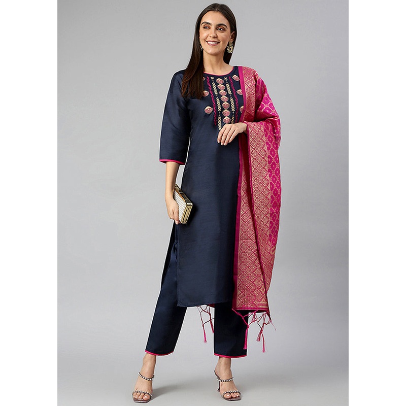 Navy Blue 3 Pc Silk Suit Set With Dupatta - JD986589929
