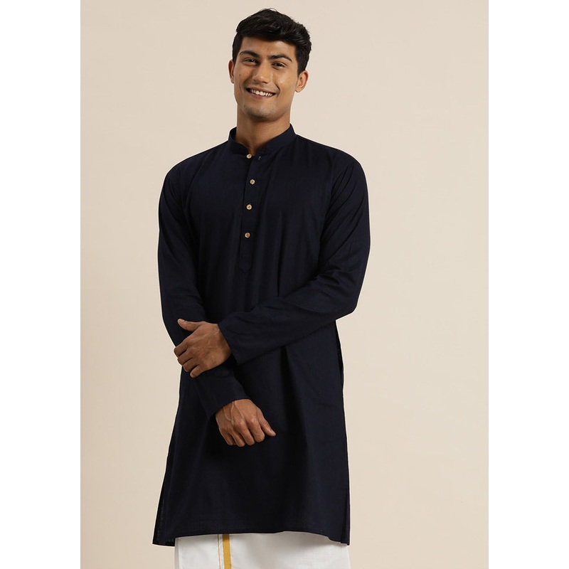 Navy Blue Cotton Printed Kurta - JD986590007
