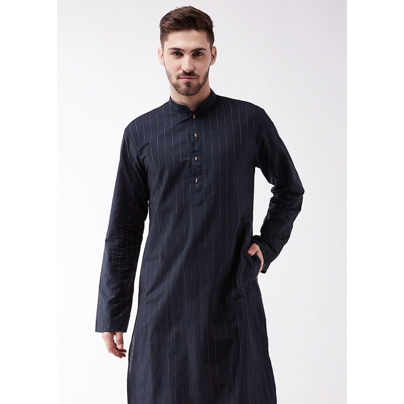 Navy Blue Cotton Printed Kurta - JD986590026