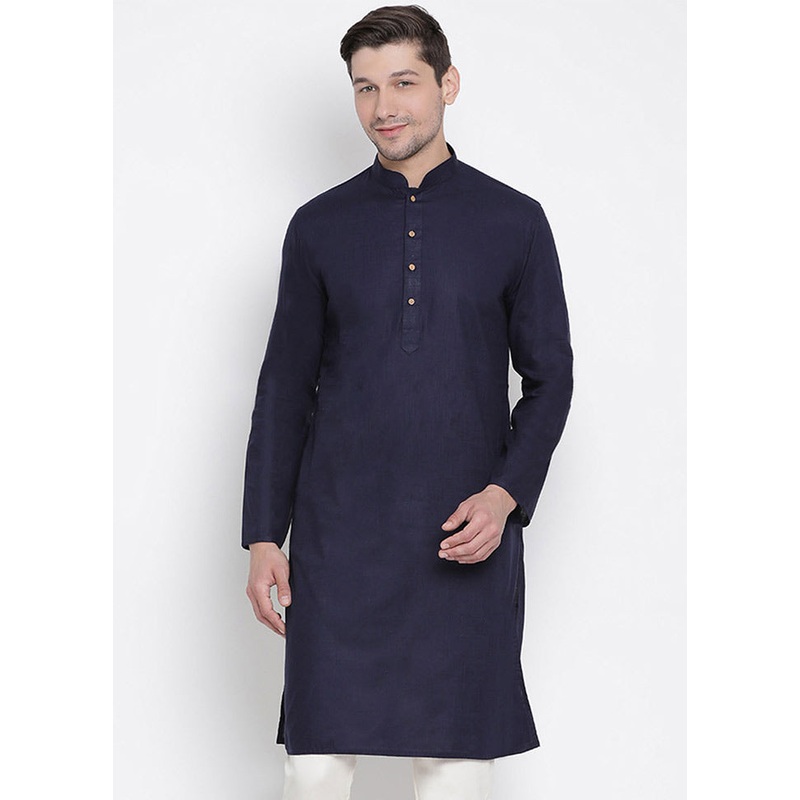 Navy Blue Cotton Solid Kurta - JD986589987