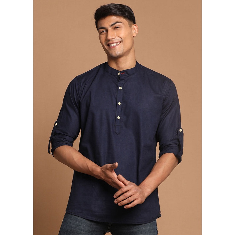 Navy Blue Cotton Solid Short Kurta - JD986590056