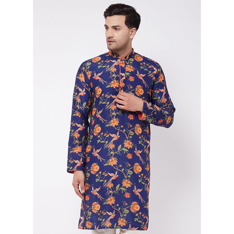 Navy Blue Dupion Silk Printed Kurta - JD986590013