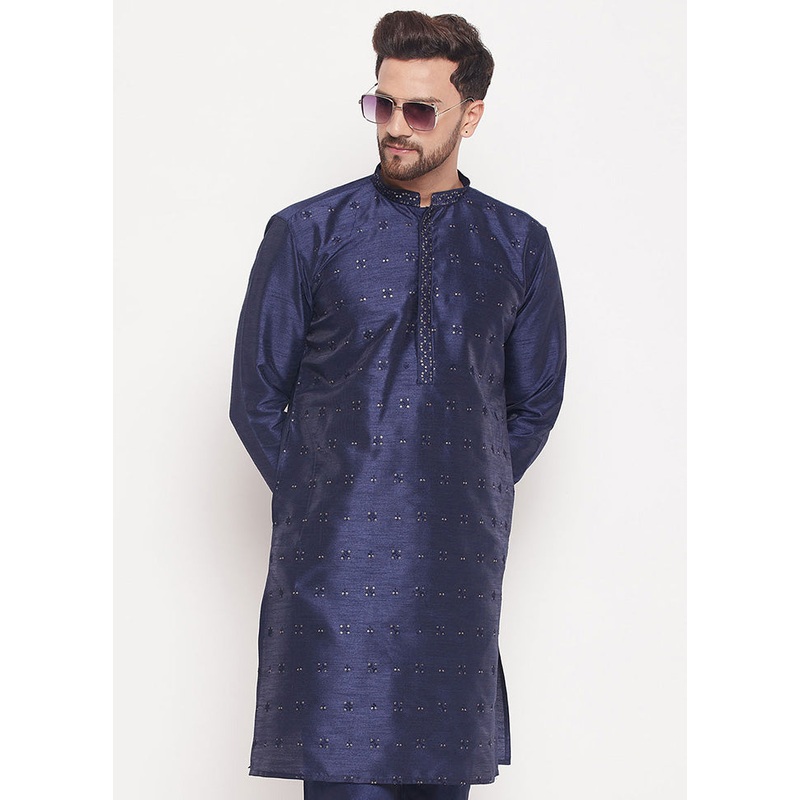 Navy Blue Readymade Silk Kurta - JD986589953