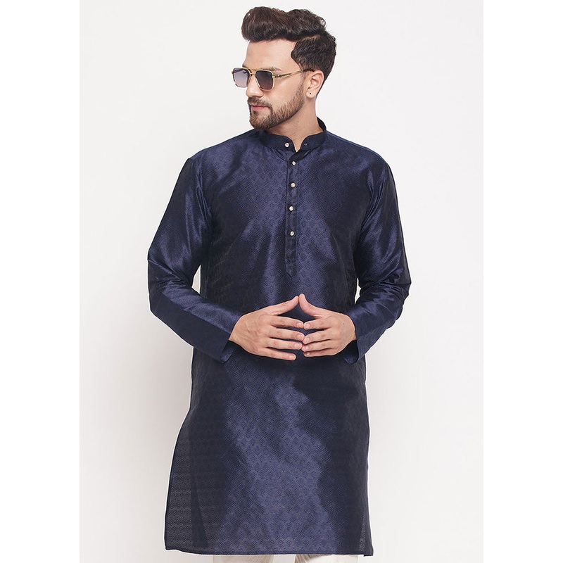 Navy Blue Readymade Silk Kurta - JD986589965