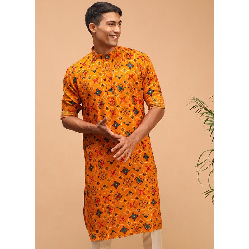 Orange Cotton Printed Kurta - JD986590021