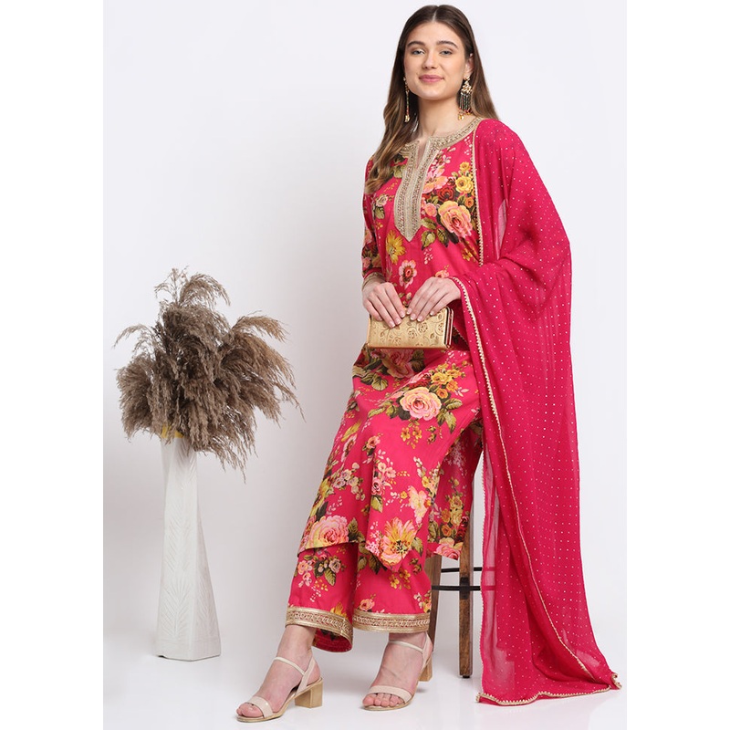 Pink 3 Pc Cotton Suit Set With Dupatta - JD986589935