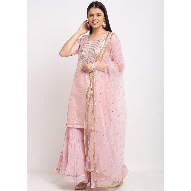 Pink 3 Pc Silk Sharara Suit Set With Dupatta - JD986589943