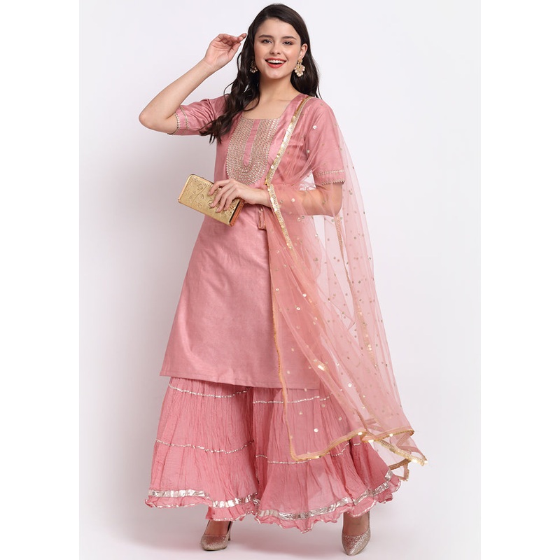 Pink 3 Pc Silk Sharara Suit Set With Dupatta - JD986589944
