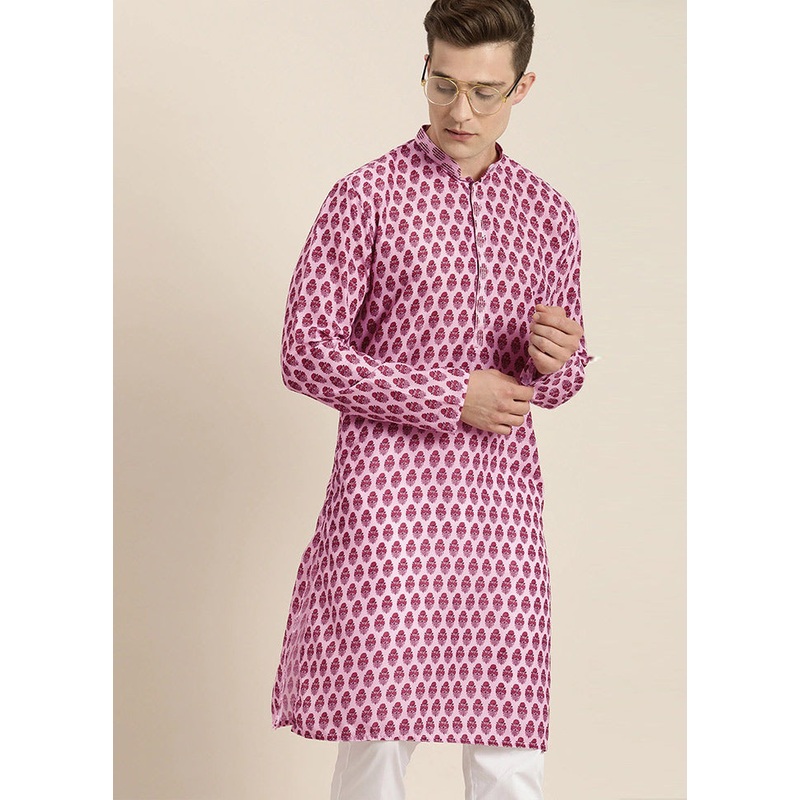 Pink Cotton Printed Kurta - JD986590017