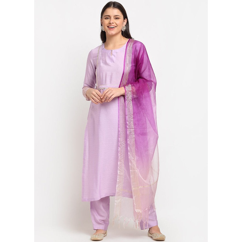 Purple 3 Pc Cotton Suit Set With Dupatta - JD986589939