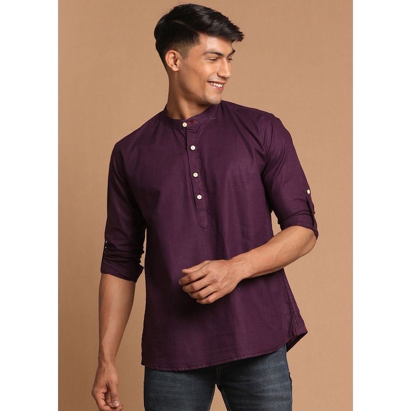 Purple Cotton Solid Short Kurta - JD986590052
