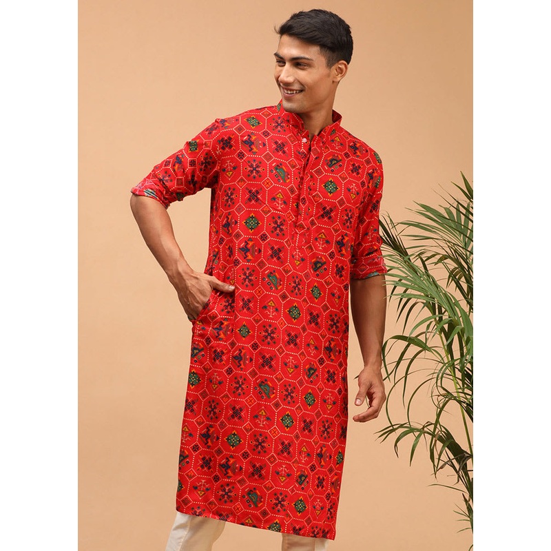 Red Cotton Printed Kurta - JD986590022