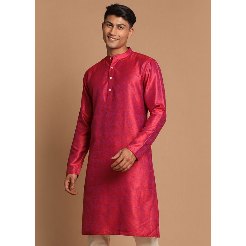 Red Dupion Silk Printed Kurta - JD986590009