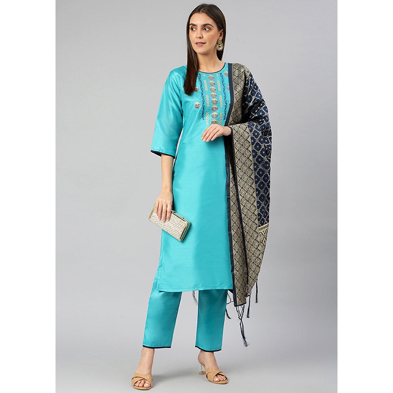 Sky Blue 3 Pc Silk Suit Set With Dupatta - JD986589928