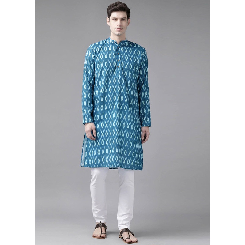 Turquoise Cotton Printed Kurta - JD986590029