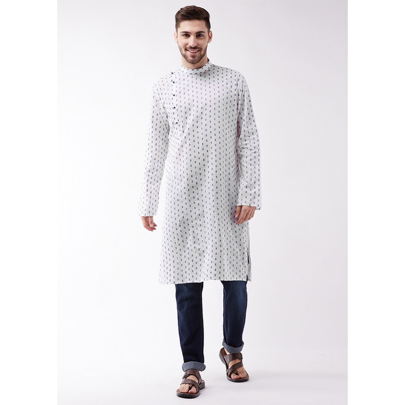 White Cotton Printed Kurta - JD986590012