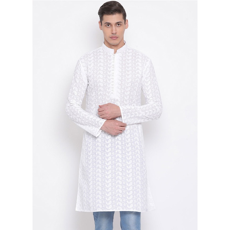 White Cotton Printed Kurta - JD986590042