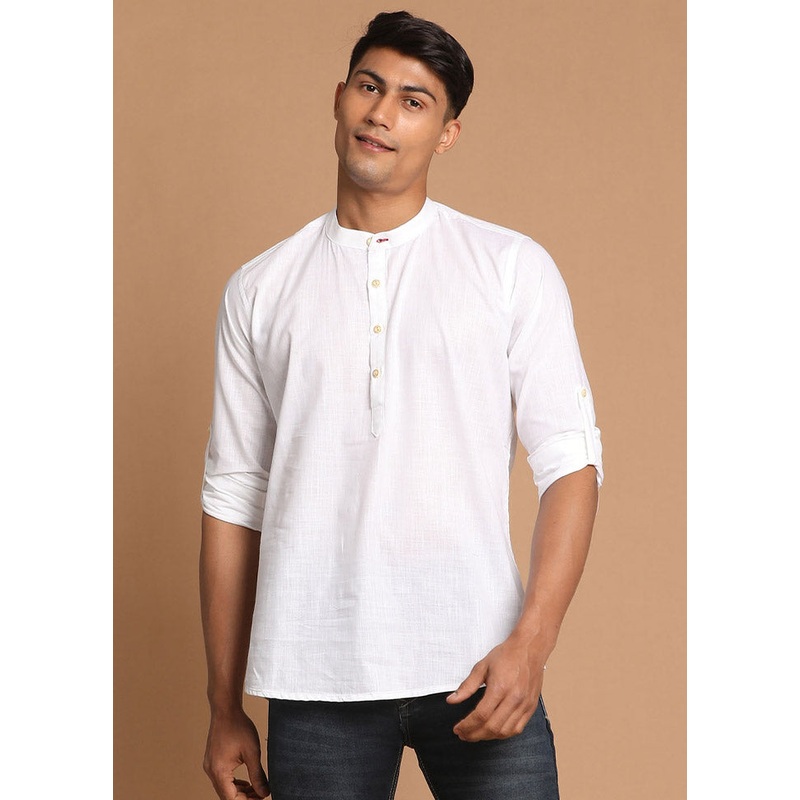 White Cotton Solid Short Kurta - JD986590055