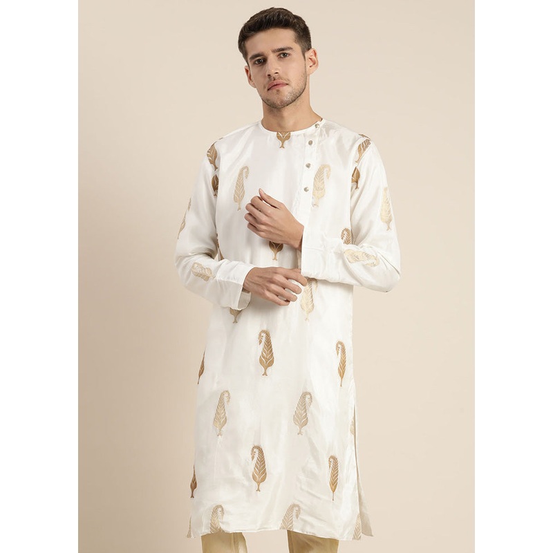 White Readymade Silk Kurta - JD986589973