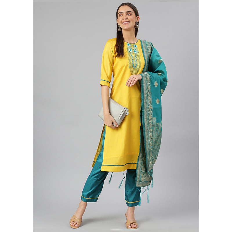 Yellow 3 Pc Silk Suit Set With Dupatta - JD986589925