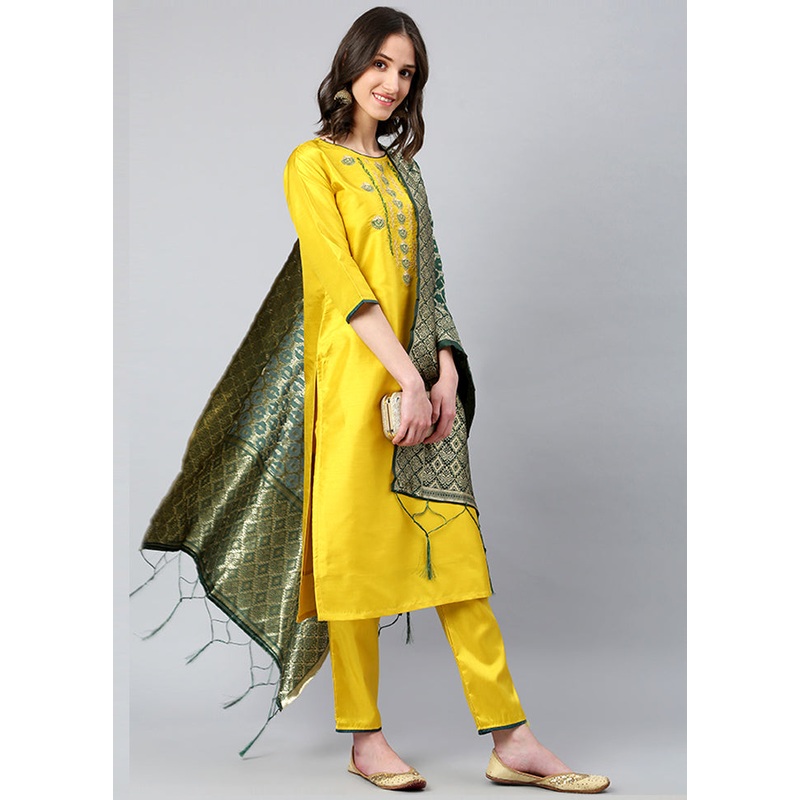 Yellow 3 Pc Silk Suit Set With Dupatta - JD986589930