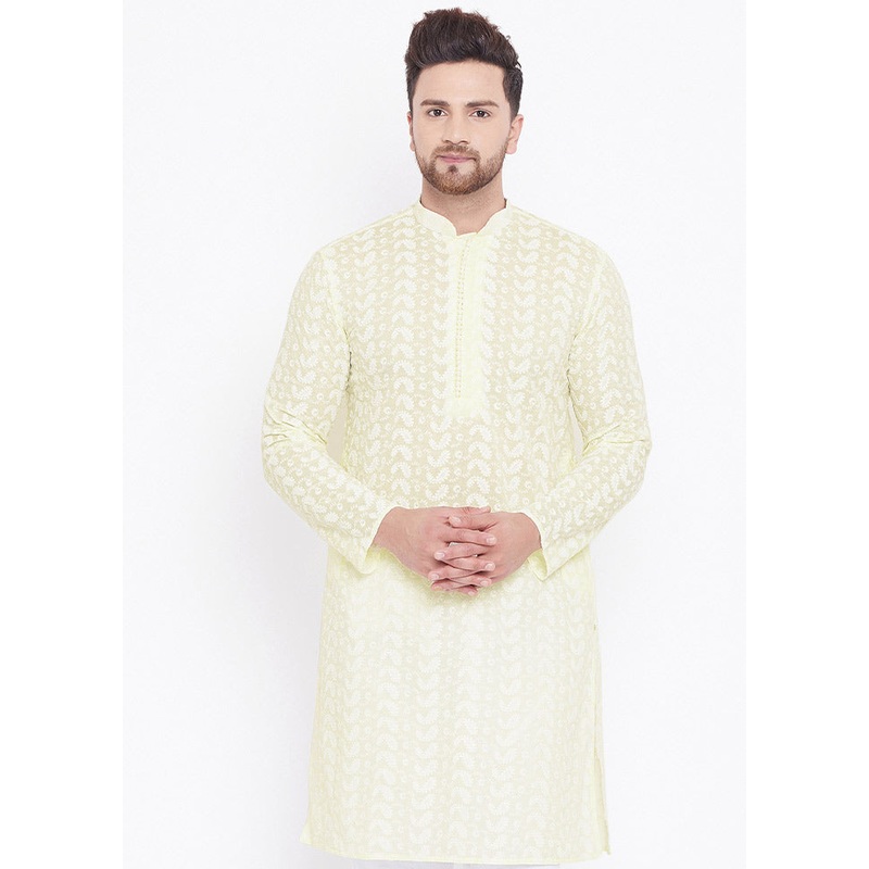 Yellow Cotton Printed Kurta - JD986590045