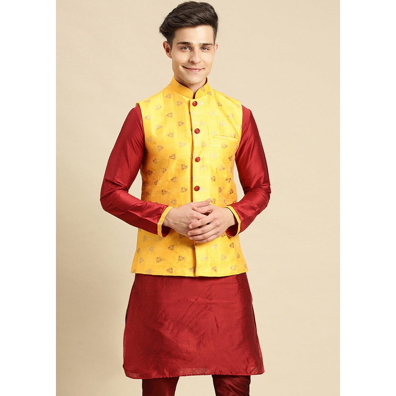 2 Pc Beige Silk Printed Kurta Jacket Set - JD986589884
