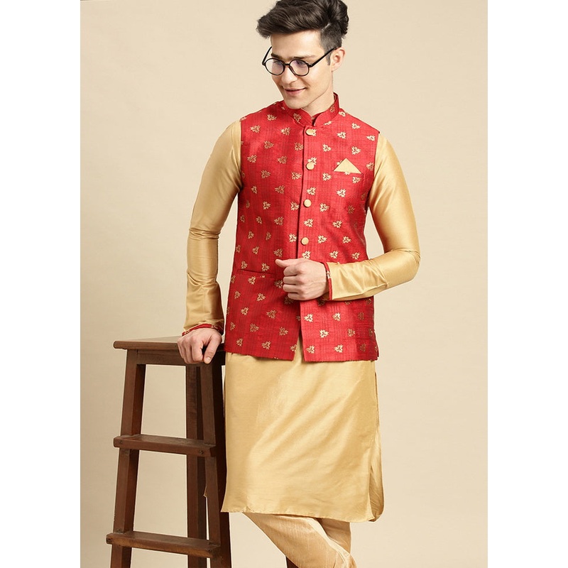 2 Pc Beige Silk Printed Kurta Jacket Set VDSAN210173 - JD986589885