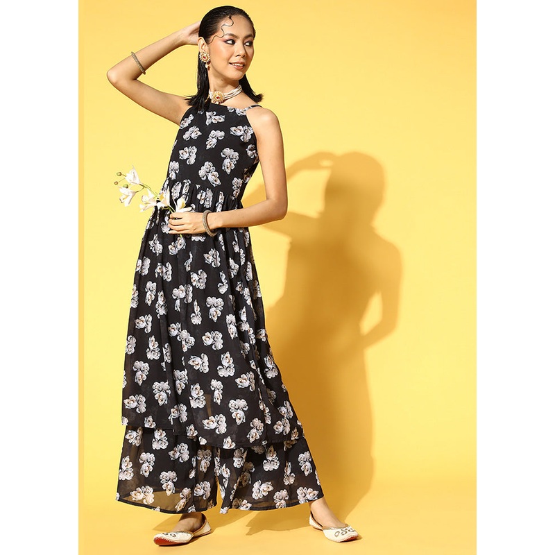2 Pc Black Georgette Flared Kurti Set - JD986589882