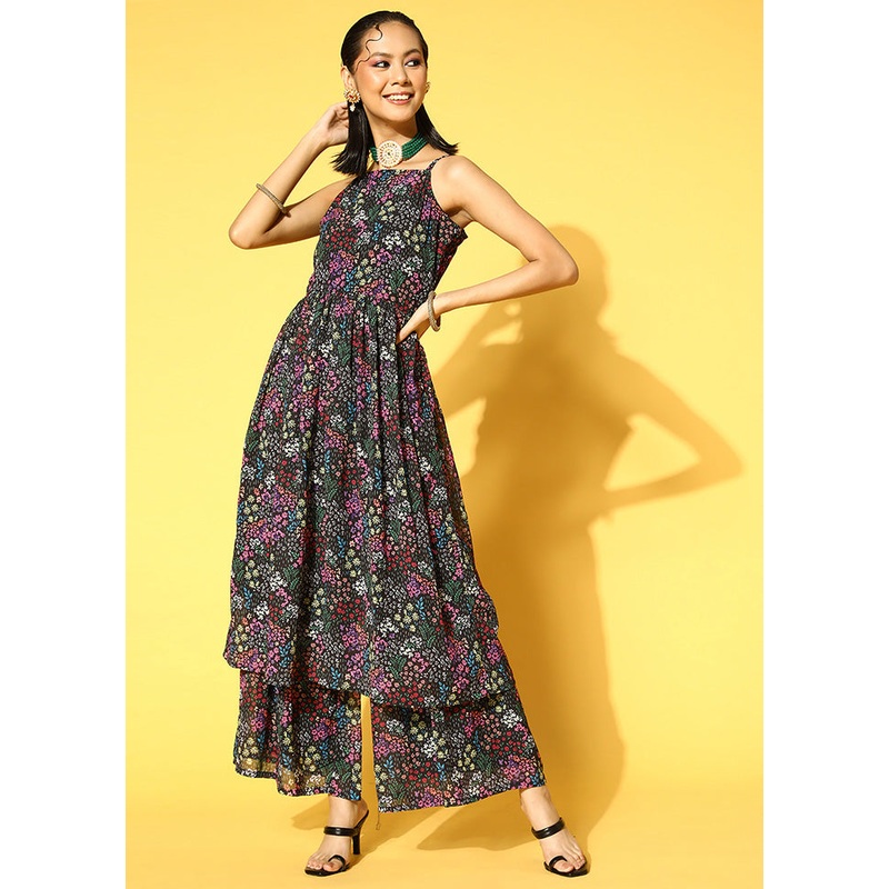 2 Pc Black Georgette Flared Kurti Set - JD986589883