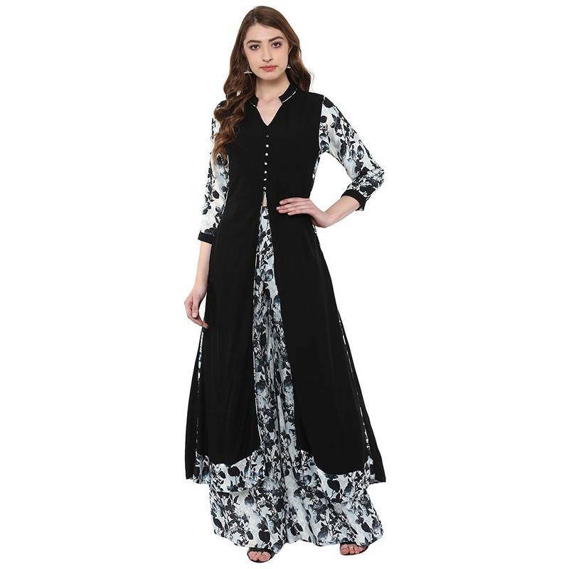 2 Pc Black Rayon Flared Kurti Set - JD986589881