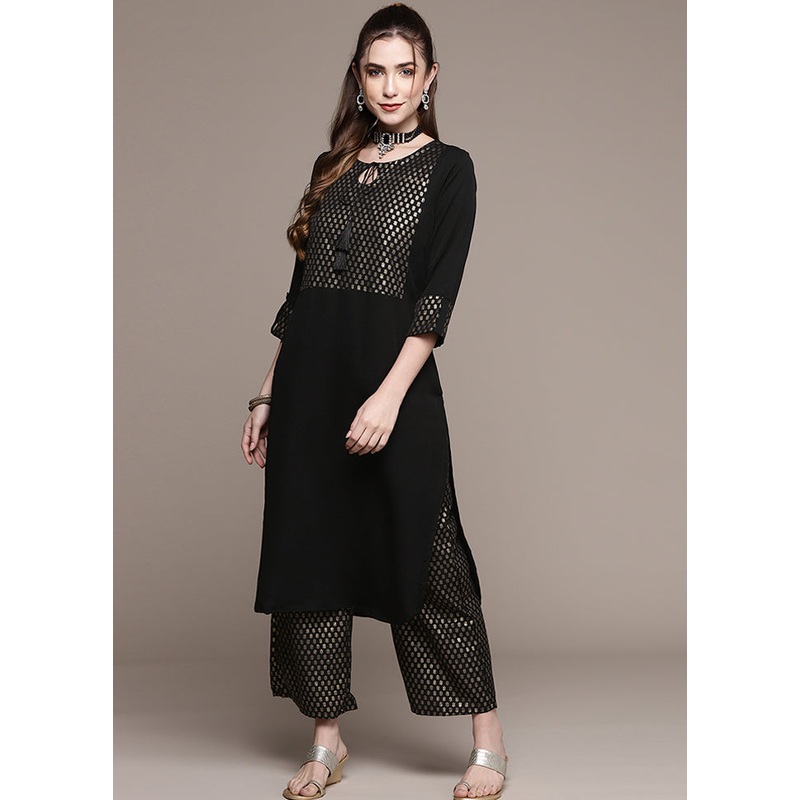 2 Pc Black Readymade Crepe Straight Kurti Set - JD986589879