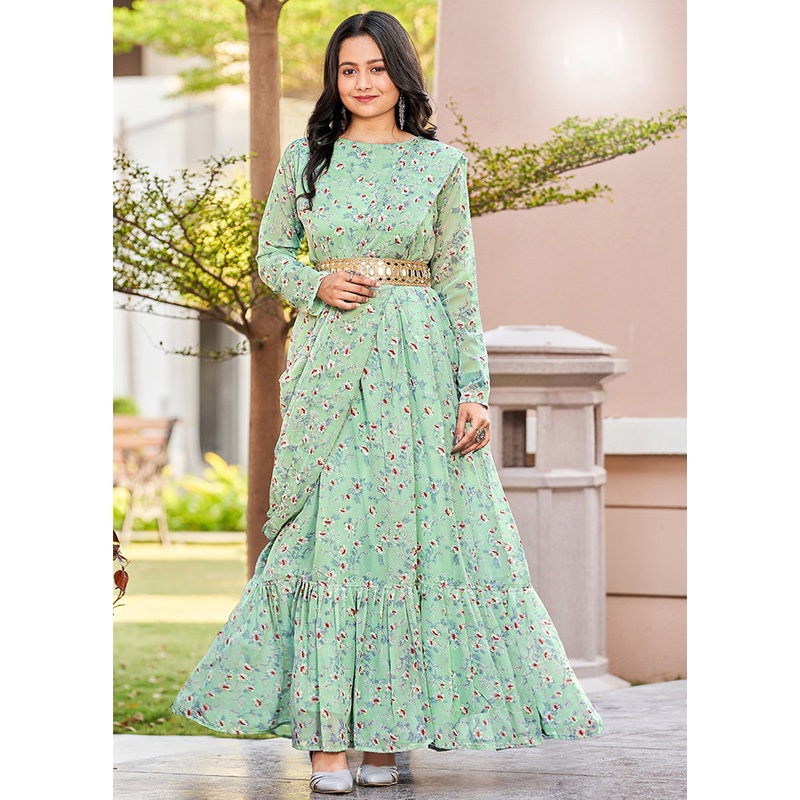 2 Pc Black Readymade Georgette Gown With Dupatta - JD986589877