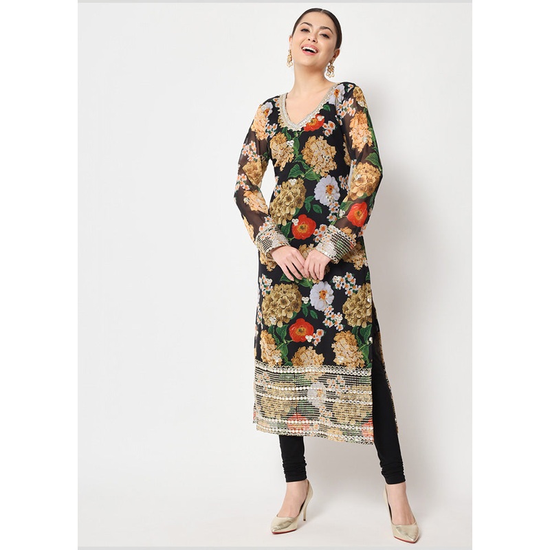 2 Pc Black Readymade Georgette Kurti Set - JD986589876