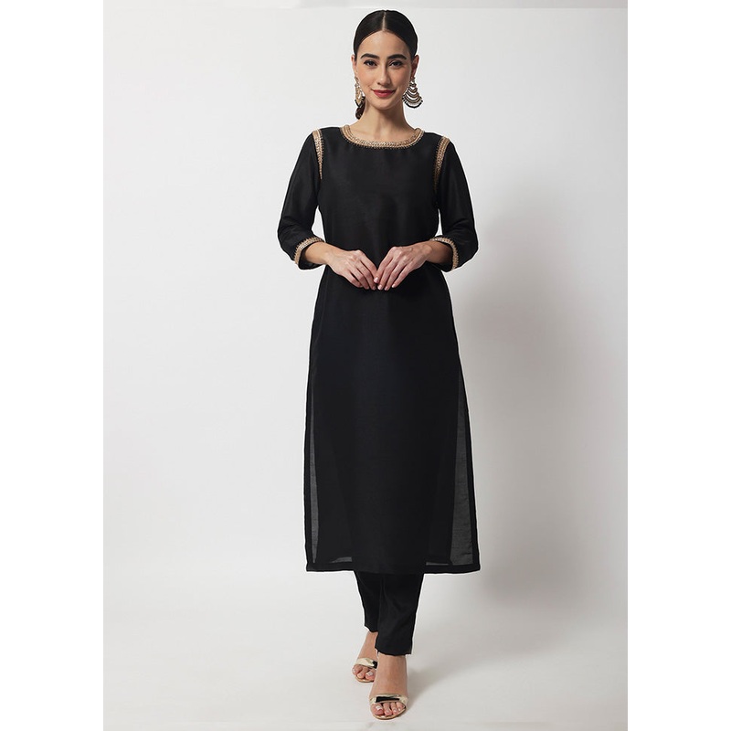 2 Pc Black Readymade Silk Kurti Set - JD986589872