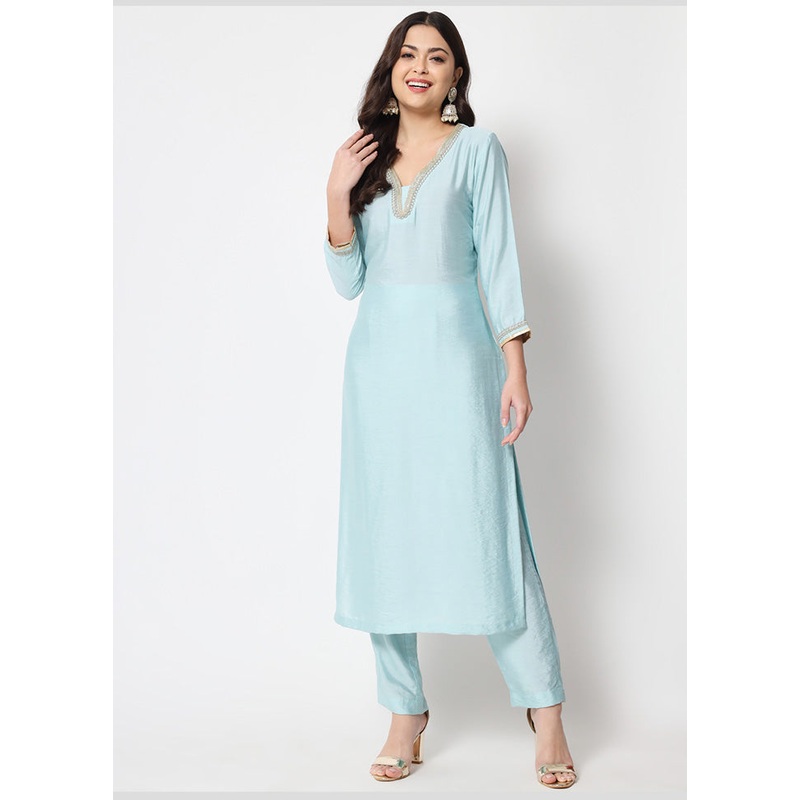 2 Pc Blue Readymade Cotton Kurti Set - JD986589870