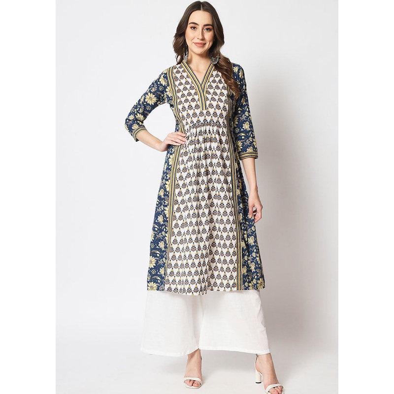 2 Pc Blue Readymade Printed Cotton Kurti Set - JD986589869