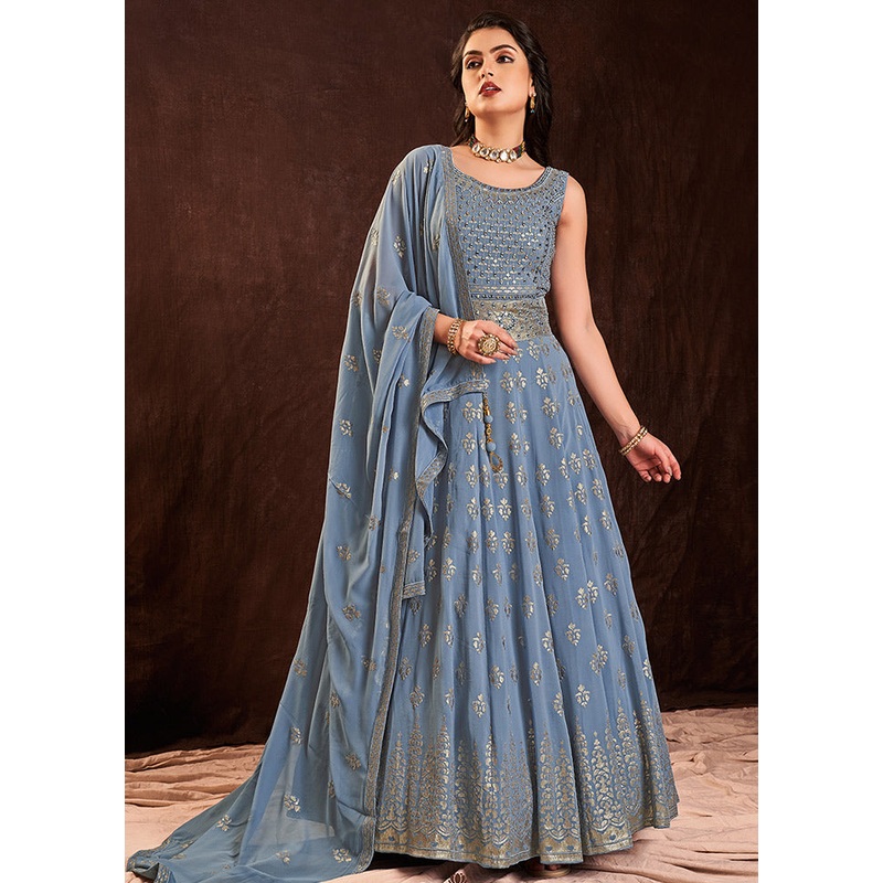 2 Pc Blue Readymade Pure Georgette Gown - JD986589867