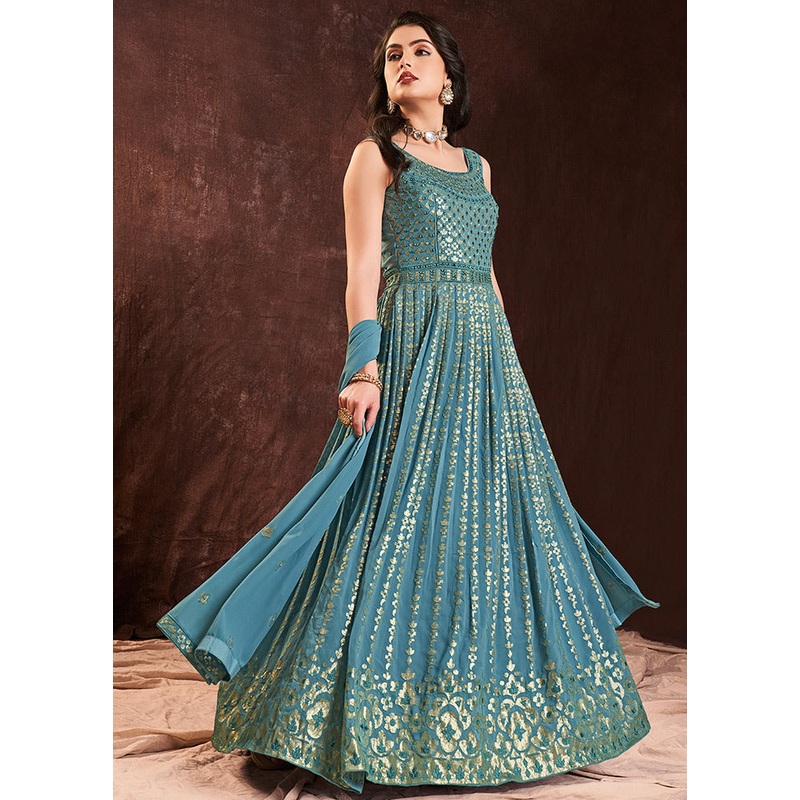 2 Pc Blue Readymade Pure Georgette Gown - JD986589868