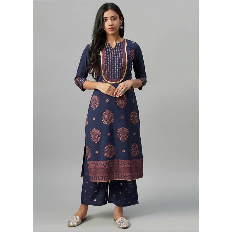 2 Pc Blue Readymade Silk Kurti Set - JD986589866